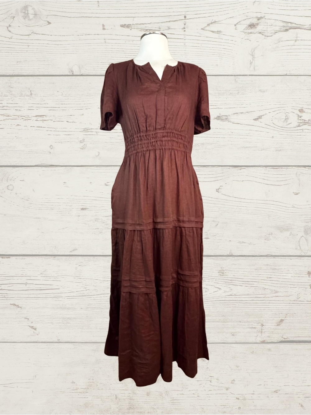 Quince 100% European Linen Tiered Maxi Dress Brown M NWT Pockets Smocked Waist